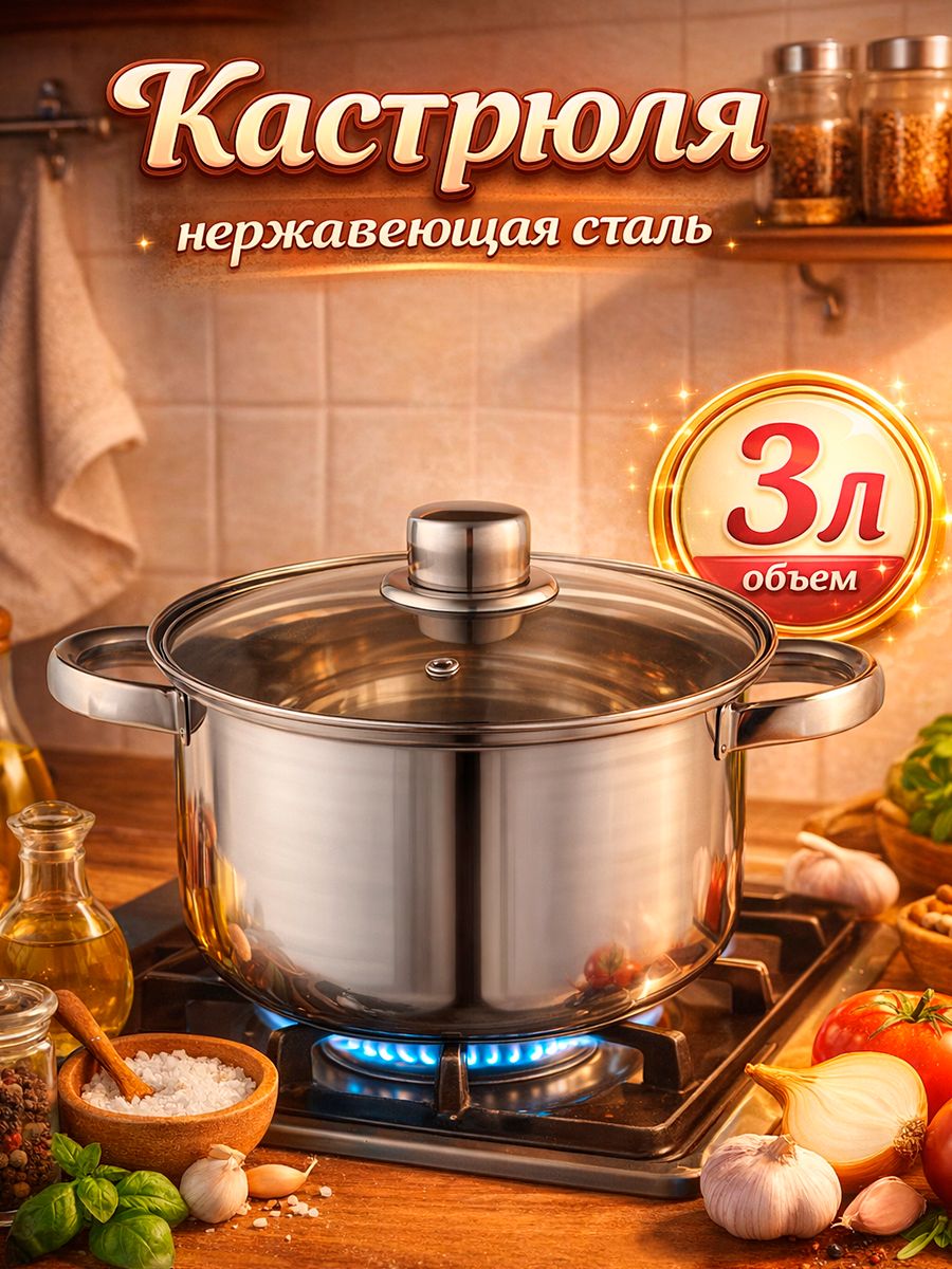 Кастрюля Доляна «Классика», 3 л, d=20 см, с крышкой, капсульное дно, нержавеющая сталь, хромированная, На фото — предложение продавца