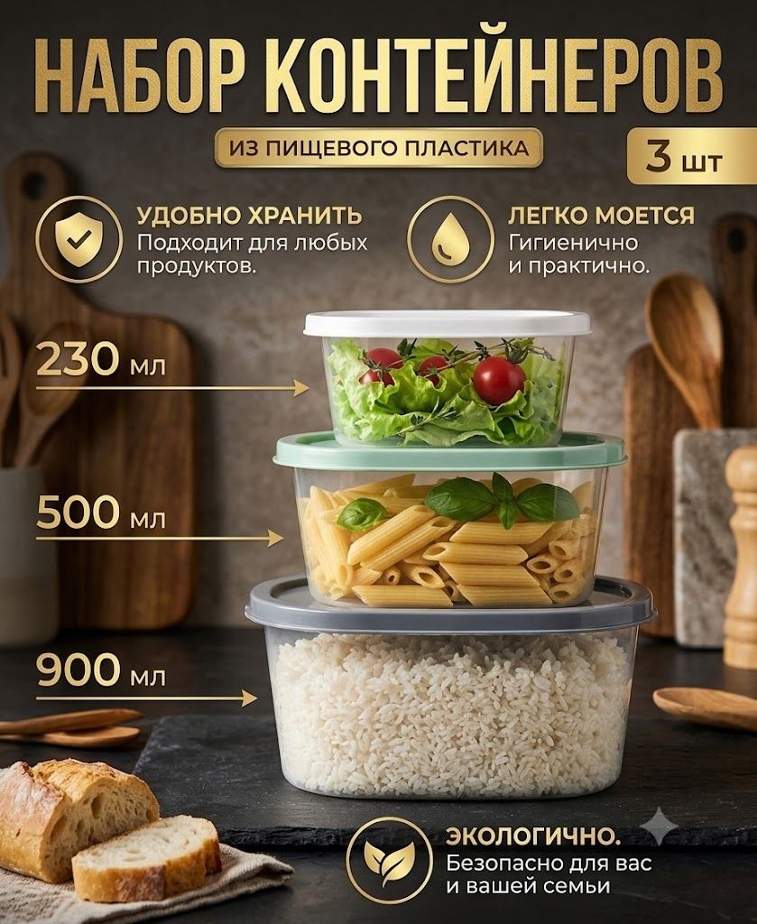 Набор контейнеров с крышками, 3 шт, На фото — предложение продавца