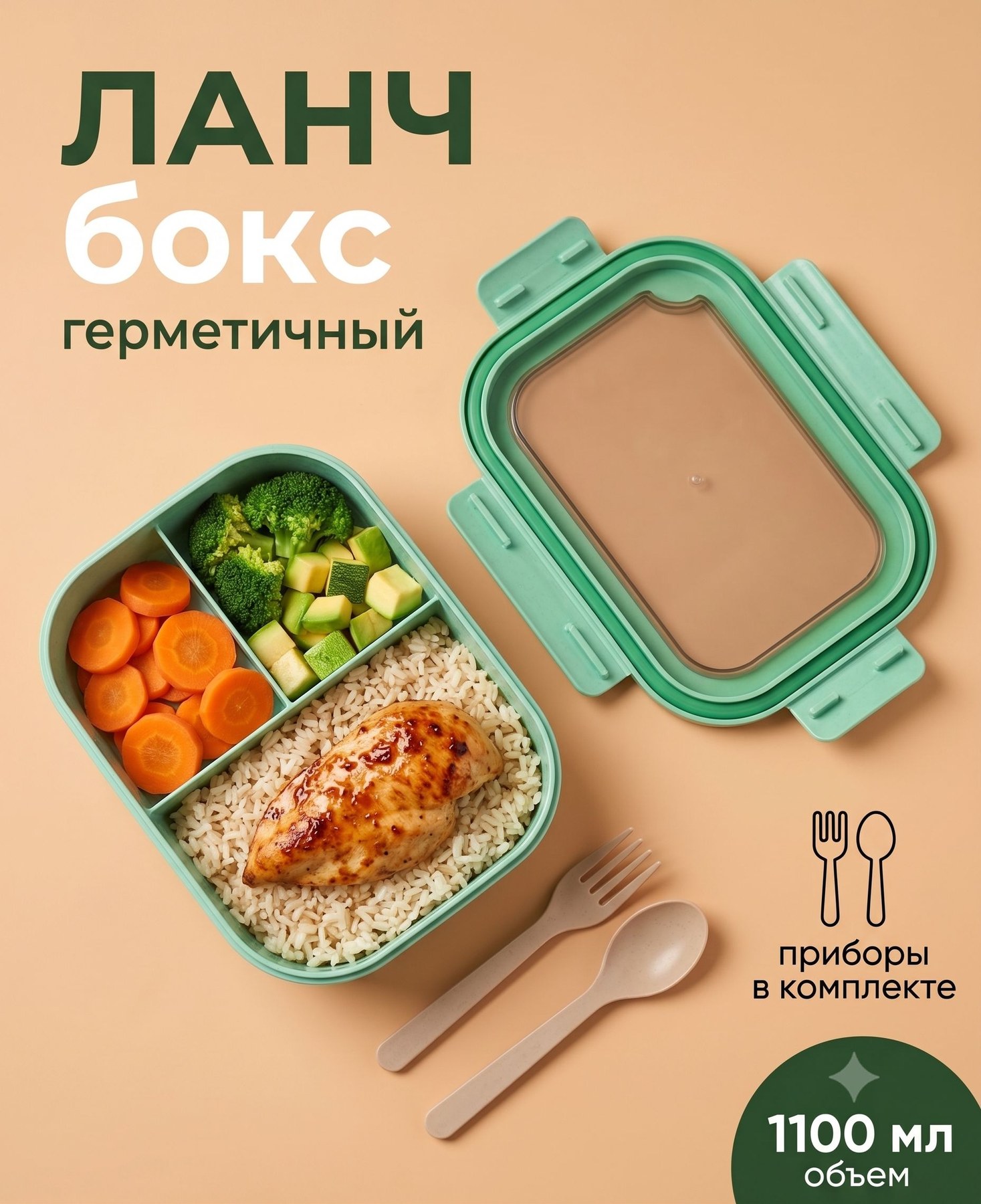 Ланч бокс 1.1л, контейнер для еды с 3 отделениями, герметичный, набор столовых приборов