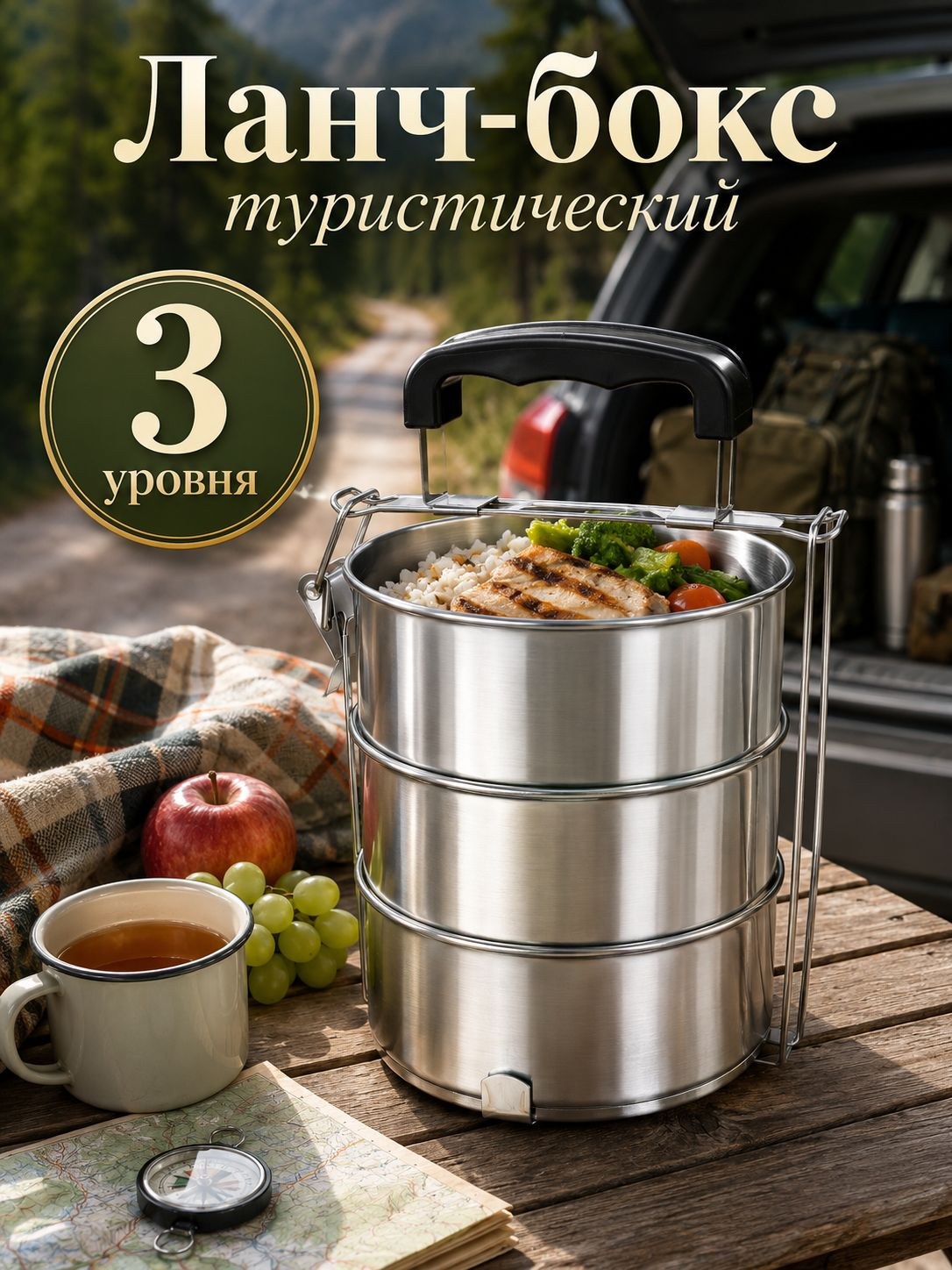 Набор туристической посуды "Альструп", многоуровневый контейнер для еды, объем 0,7л одной чаши, нержавеющая сталь